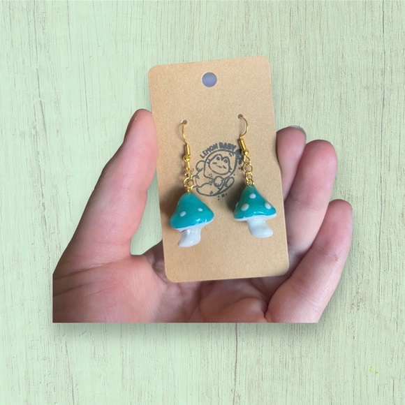 Handmade Green Mushroom Cottagecore Cute Dangle Earrings - Seafoam - Dainty - Picture 4 of 5